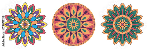 Colorful Mandala Set with Ornamental Floral Patterns – Boho Decorative Circular Designs for Yoga, Meditation, and Festival Art
