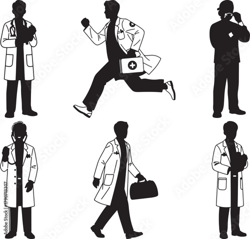 Silhouette illustrations of doctors in various poses including running talking on the phone and holding medical bags and stethoscopes in black and white