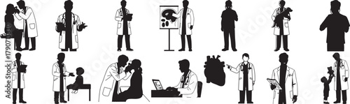 Doctors and healthcare professionals in various medical settings providing care and consultation to patients with medical equipment and anatomical models