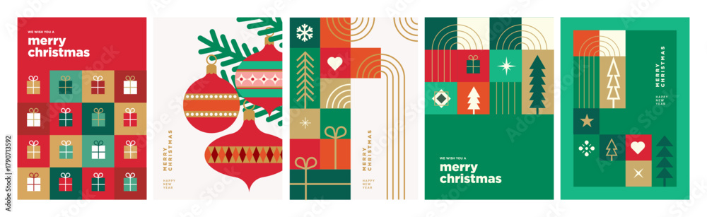 Fototapeta premium Christmas and New Year greeting cards collection for business and personal use. Modern abstract vector illustrations for greeting card, website banner, social media banner, marketing material.