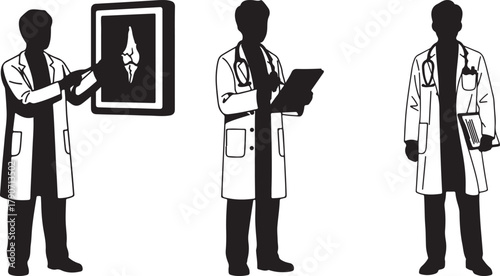 Three doctors in lab coats examine xray and medical records in a clinical setting for healthcare and medical professionals