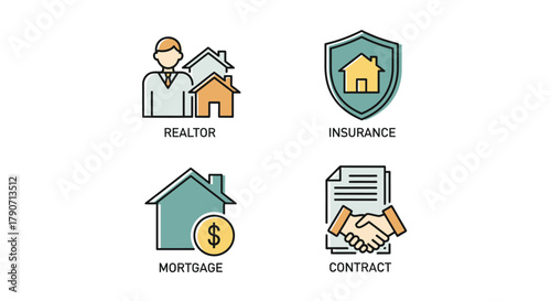 Vector illustration of real estate icons realtor, insurance, mortgage, contract