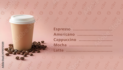 A disposable coffee cup with coffee beans on a pink background. A ready-made background for menu design.