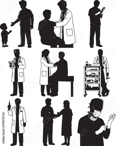 Black and white silhouette illustration of doctors and medical professionals in various healthcare settings providing patient care and treatment