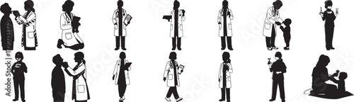 Silhouette illustrations of doctors and patients in various medical scenarios perfect for healthcare websites and educational materials