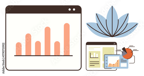 Bar chart, pie chart, digital screens, and lotus flower embodying analytics and balance. Ideal for business growth, wellness-tech, performance tracking, mindfulness, self-awareness data-driven