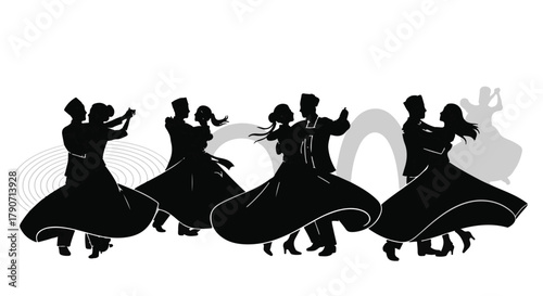 Elegant couples gracefully waltzing at a formal event, captured in silhouette.