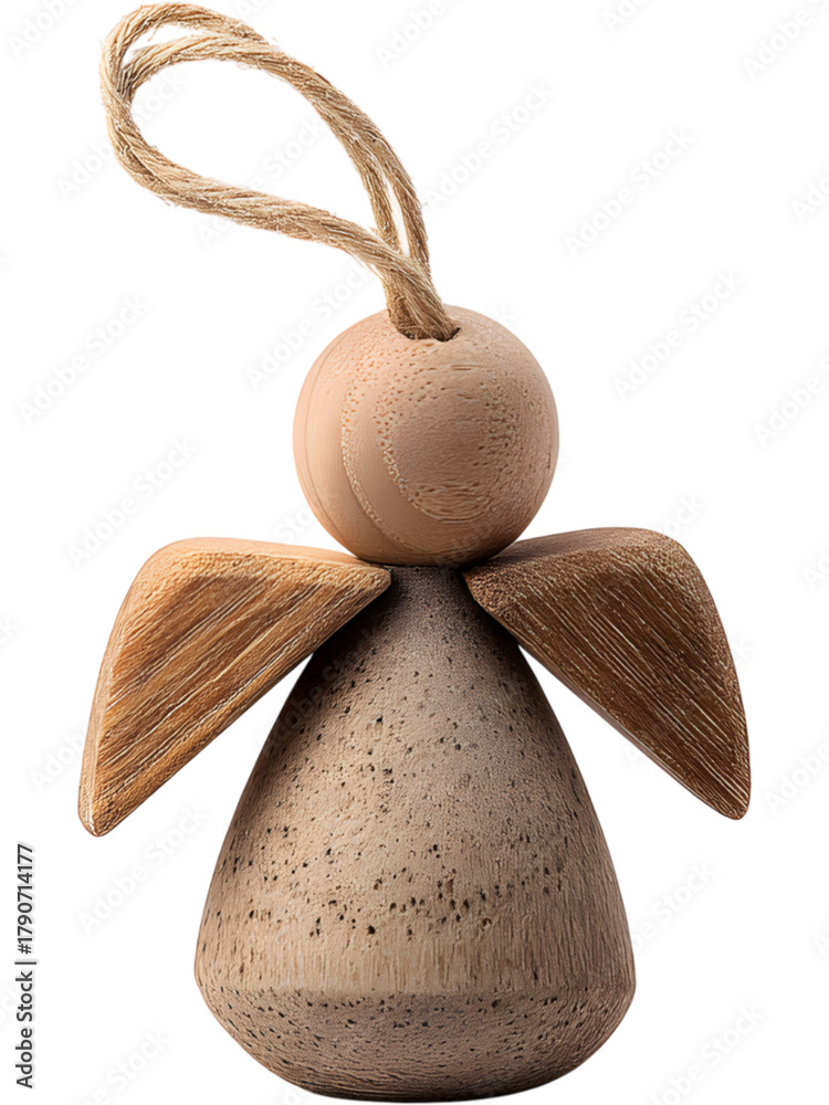 Fototapeta premium Wooden angel ornament with rope hanger isolated on transparent background, ideal for Christmas decoration and cozy winter design.