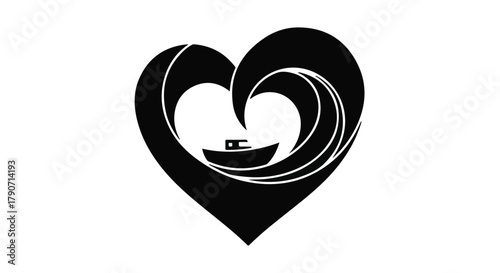 Symbolic heart shape cradles a small boat amidst a cresting wave, representing love and adventure.