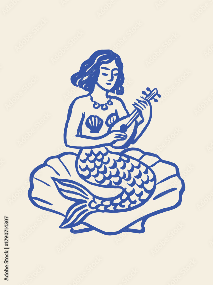 Naklejka premium Mermaid playing ukulele hand-drawn sketch vector illustration