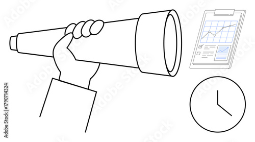 Hand holding telescope for vision, clipboard with graph for planning, and clock for time. Ideal for business growth, strategy, forecasting, planning, analysis future goals timeline. Simple flat