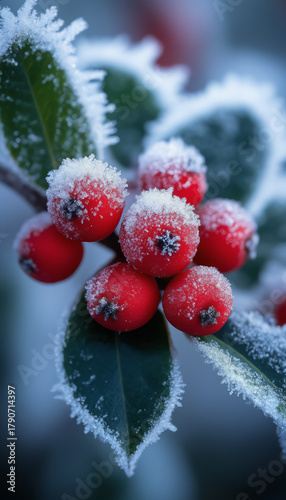 Zoom-In — Frosted Holly Berries Macro with Snow Crystals.