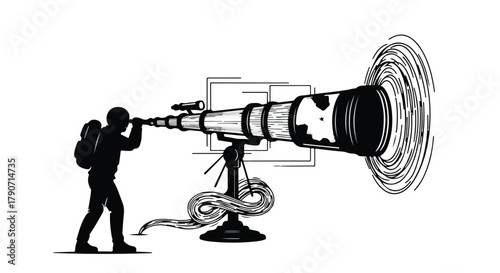 Explorer peering through a large telescope into a swirling vortex of discovery.