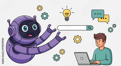 Vector illustration of robot assistant helping a person with a laptop and search bar