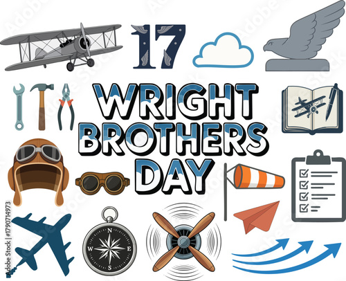 A collection of vintage aviation elements and icons celebrating Wright Brothers Day on a white background.