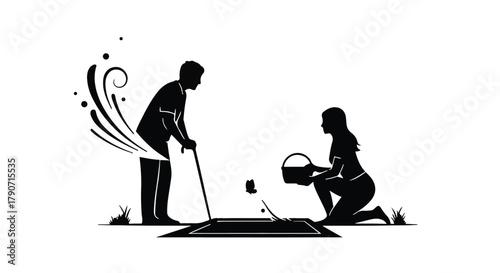 Couple tending to a small garden plot, symbolizing care and growth in nature.