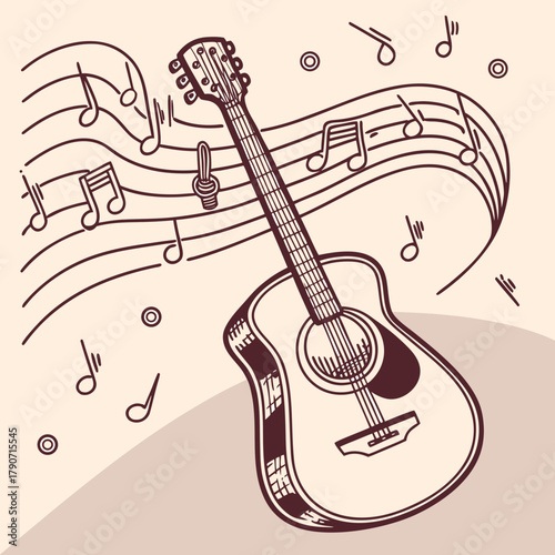 Acoustic guitar with musical notes flowing around it