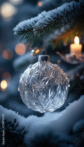 Elegant Christmas Ornament Macro — Frosted Tree Glow.