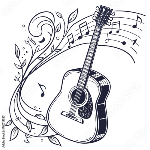 Acoustic guitar with musical notes and floral swirls