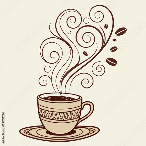 Decorative coffee cup with swirling steam and beans