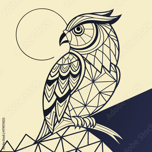 Geometric owl silhouette against a faint moon and mountain landscape
