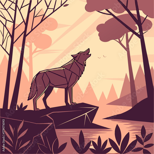 Geometric wolf howling at the moonlit sky in a forest