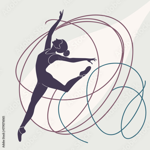 Graceful ballerina silhouette in motion with abstract ribbons