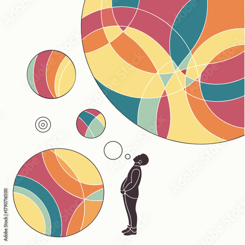 Man contemplating colorful abstract thought bubbles and circles