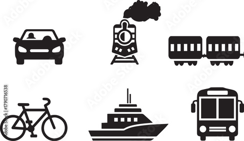 Modes of Transport: This minimalist illustration showcases a diverse range of vehicles, capturing the essence of mobility. It depicts the core of how to get around, from a car to a boat.