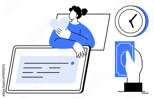 Woman embracing heart beside digital tablet, clock, and hand giving money. Ideal for time management, empathy, online communication, charity, financial aid technology teamwork. Simple flat metaphor