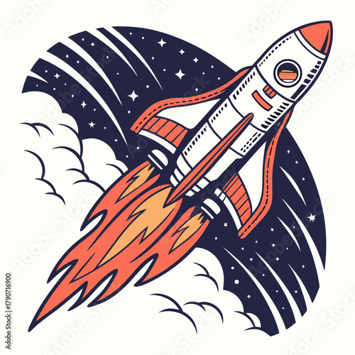 Rocket launching into a starry night sky with clouds