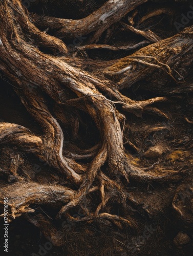 Intertwined tree roots close up in forest floor detail shot nature concept brown and beige tones earth day
