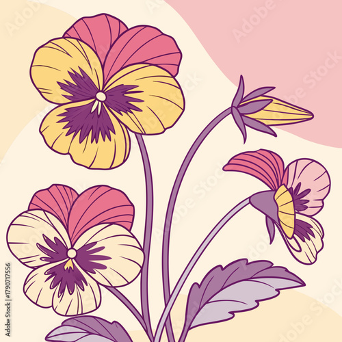 Stylized pansy flowers in pastel colors with outline