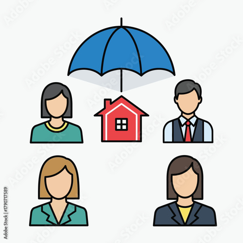 Vector illustration of family protection under umbrella with house, insurance concept