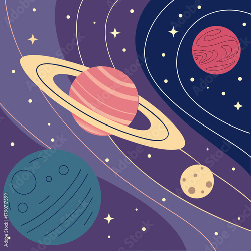 Stylized planets and stars in a cosmic nebula