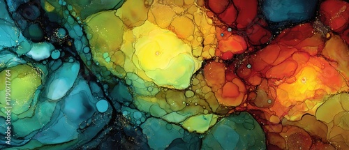 Vivid Abstract Alcohol Ink Painting Showing Blends of Teal Yellow and Orange Tones in a Fluid Art Style