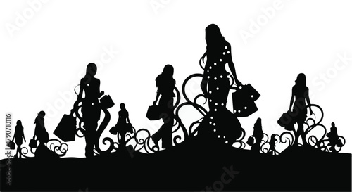 Elegant silhouettes of women with shopping bags amidst decorative floral elements, suggesting fashion and consumerism.
