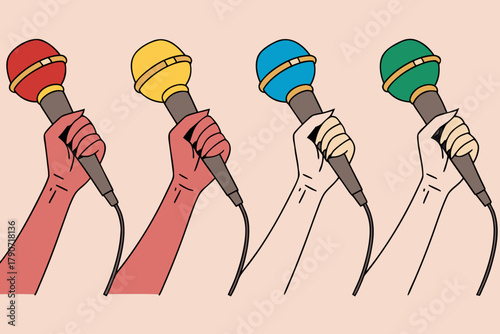 Hands holding vibrant, colorful microphones for a press conference or interview, dynamic and lively design, interactive media environment.