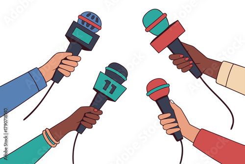 Colorful microphones in hands at a press conference or interview, lively design, conveying dynamic media interaction and engagement.