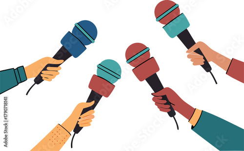 Multiple colorful microphones held by many hands, energetic design for a press conference or media interview scene.