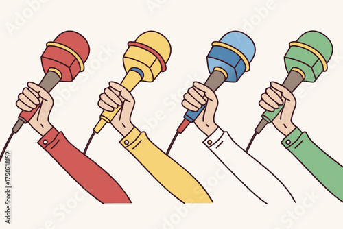 Many hands holding colorful microphones for a lively press conference or interview, vibrant media environment, interactive design.