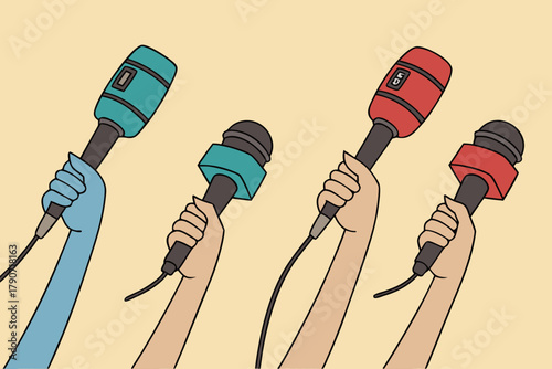 Hands with colorful microphones, lively design for a press conference or interview, dynamic media and interactive scene.