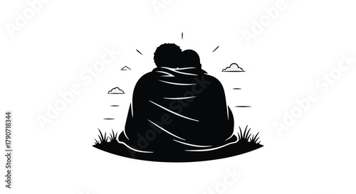 Two figures embrace warmly under a glowing sky, sharing a moment of deep connection outdoors.