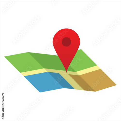 Map Illustration with Red Location Pin – Stylized Terrain and Navigation Icon