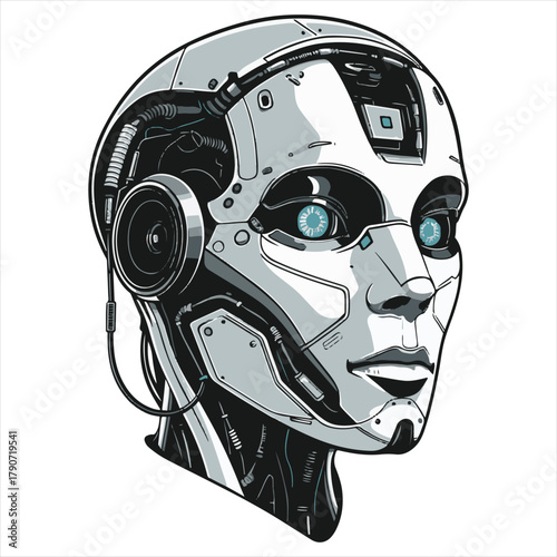 Futuristic Robot Head Illustration – AI Design with Glowing Eyes and Metallic Panels