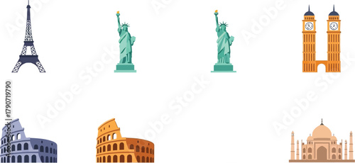 Iconic global landmarks depicted as colorful illustrations on a white background.