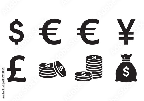 Set of Flat Business Icons, money signs - stock vector Sharp and minimal vector design