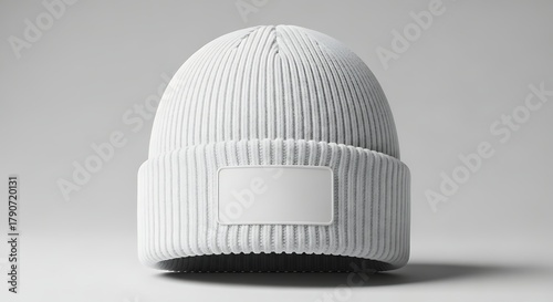 White ribbed knit beanie hat with blank logo patch mockup.