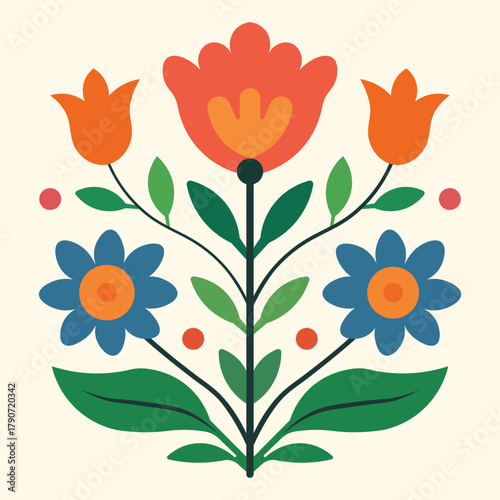 Colorful Folk Floral Art in Flat Vector Style