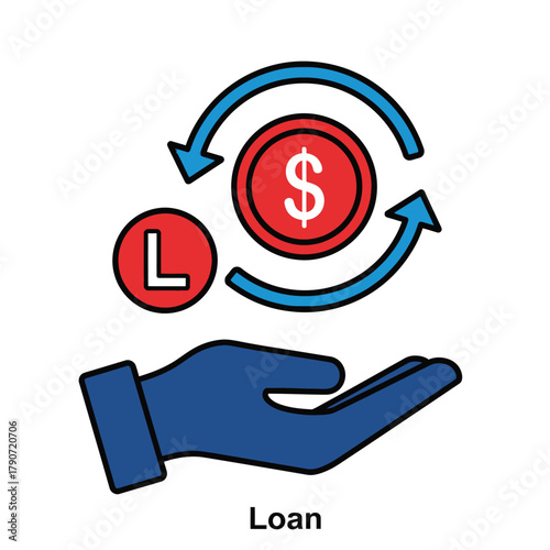 Vector illustration of hand holding a coin with dollar sign and loan symbol